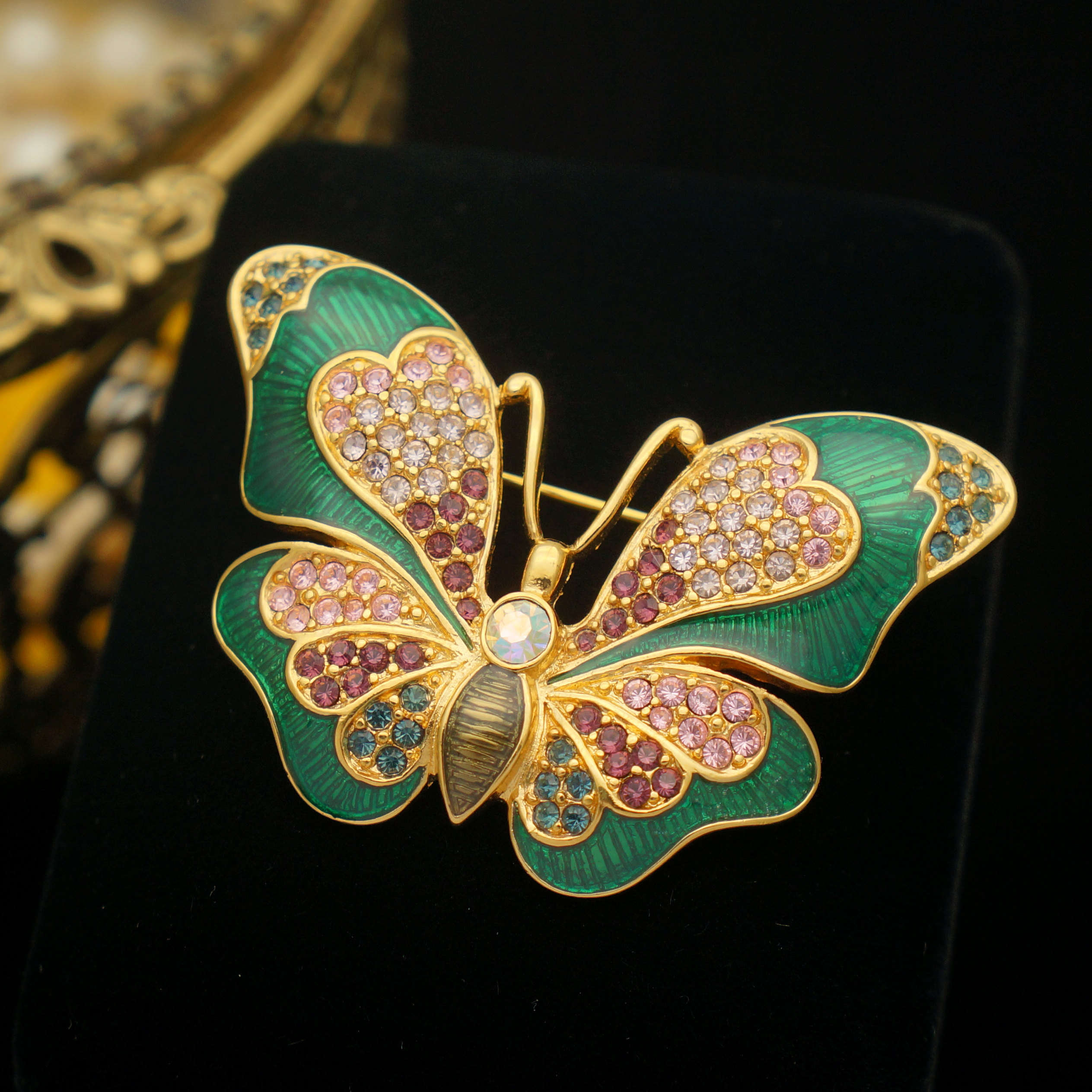 amy vintage西洋古董首饰 |翠法丽trifari珐琅彩钻蝴蝶胸针限量版