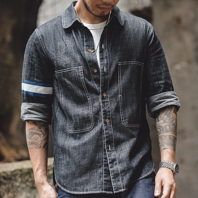 马登工装美式复古二战囚犯丹宁牛仔长袖衬衫秋季拼接痞帅衬衣男寸