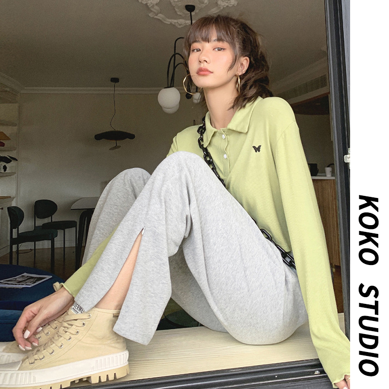 KOKO休闲垂感高腰开叉拖地裤宽松直筒运动裤灰色卫裤vibe风裤子女在类目 女装/女士精品, 卫裤中 - 来自Buy2taobao.com提供专业的淘宝代购服务