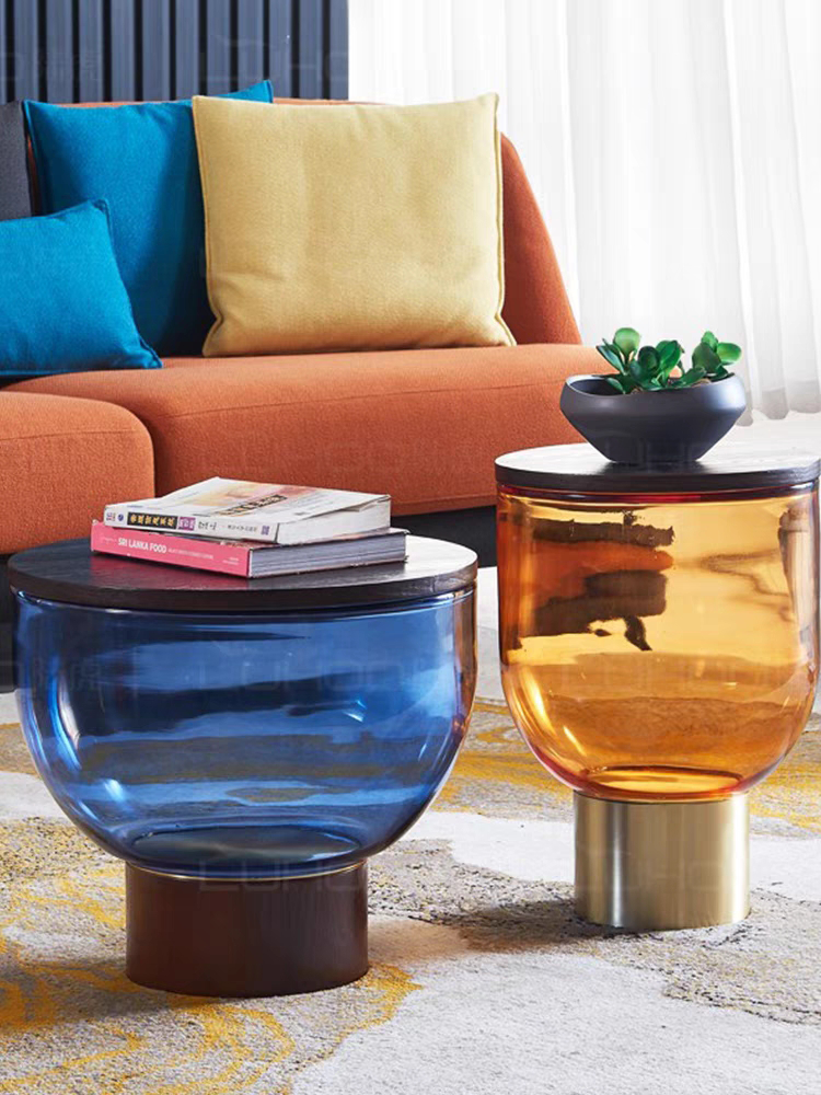 现代设计师组合玻璃茶几客厅沙发边几圆形彩色简约样板房个性圆桌