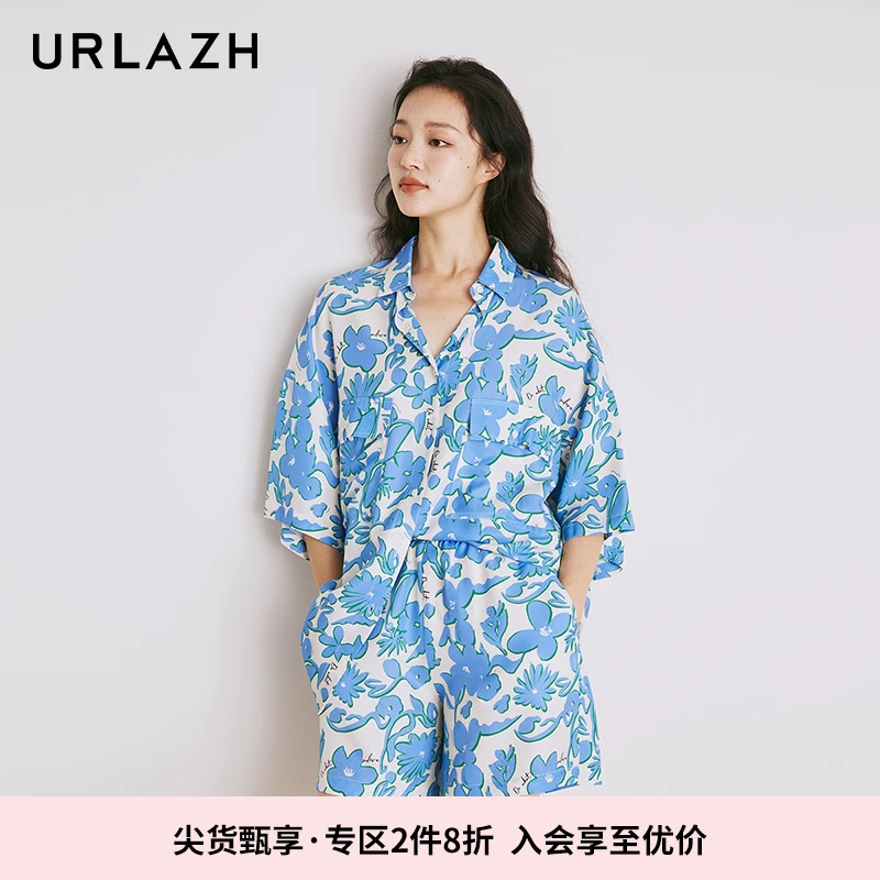 URLAZH有兰夏季新款时尚休闲宽松轻薄度假风印花短袖蓝色衬衫女