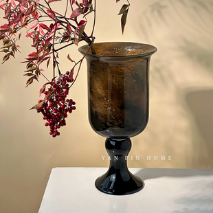 高级手工中古风黑棕肌理法式高脚手工琉璃玻璃花瓶插花器艺术风灯