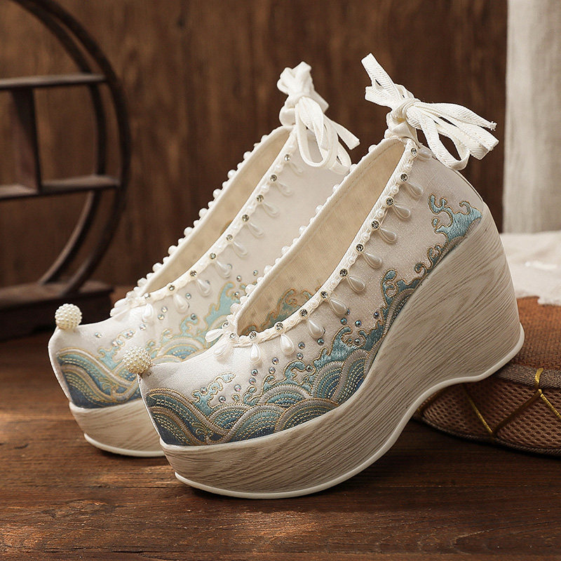 汉服翘头履绣花鞋女士超高跟坡跟古装单鞋中国风青年古风鞋子增高