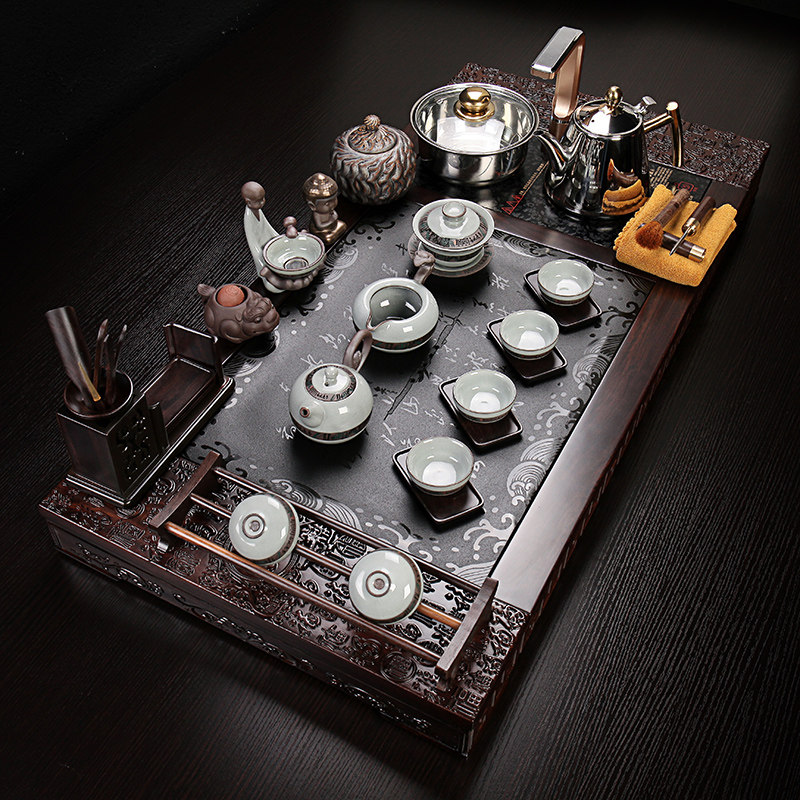 豪华套装乌金石黑檀花梨木茶盘电磁炉功夫茶具四合一套装茶海茶台