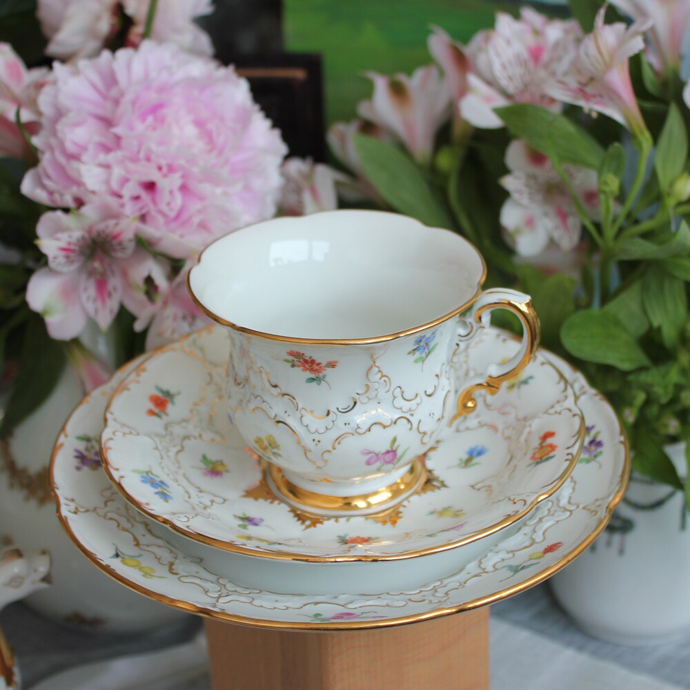 现货欧洲vintage收藏 德国meissen bform白金手绘茶杯三件组大杯