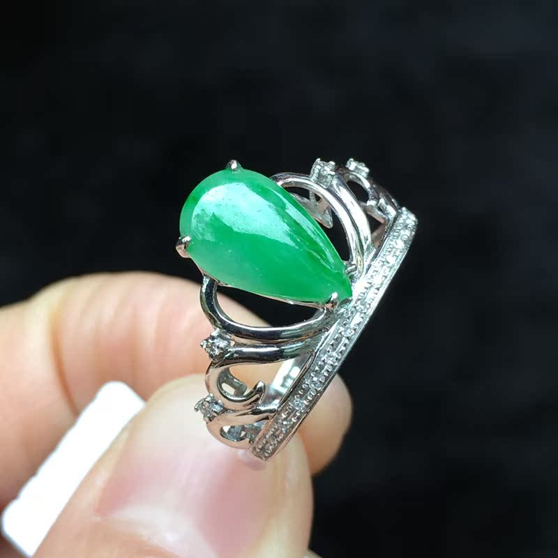 冰种花青绿天然a货翡翠水滴戒指
