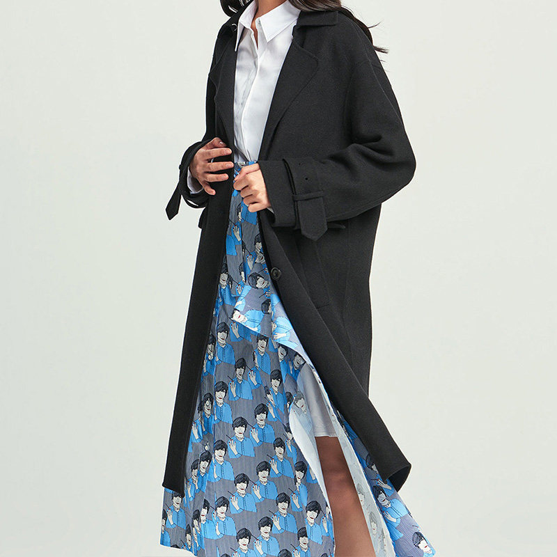 jj新款口袋涤纶时尚单排扣西装领保暖羊毛毛呢中长款女式大衣外套