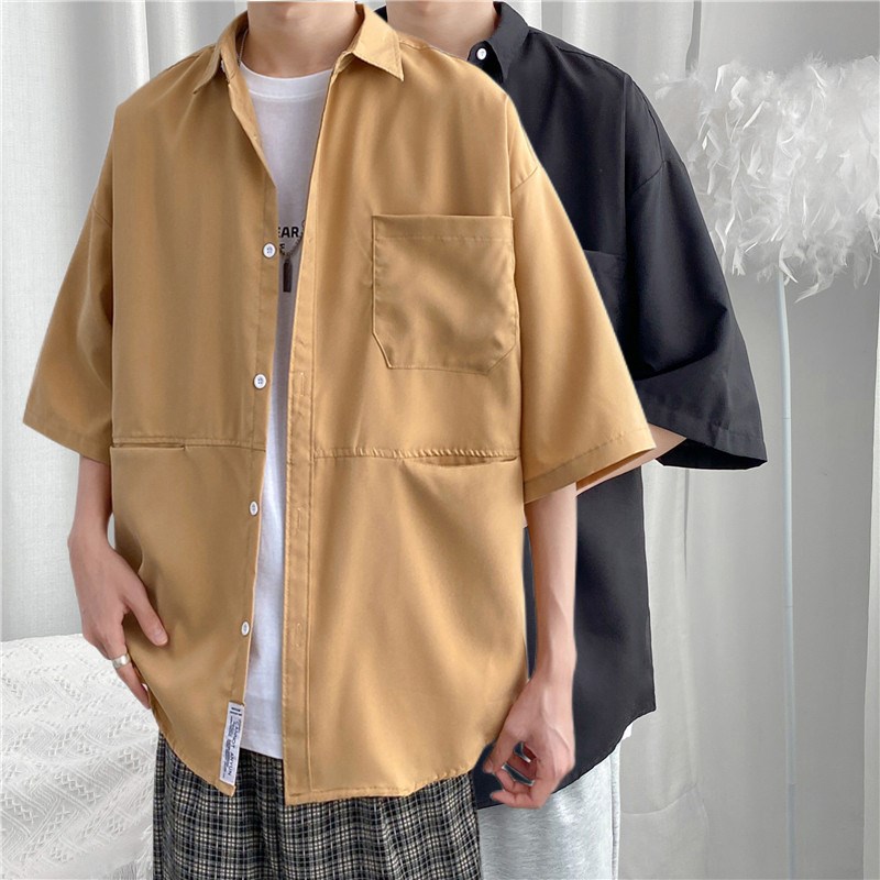 日系复古工装短袖衬衫男夏季潮流机能宽松大口袋休闲半袖衬衣外套