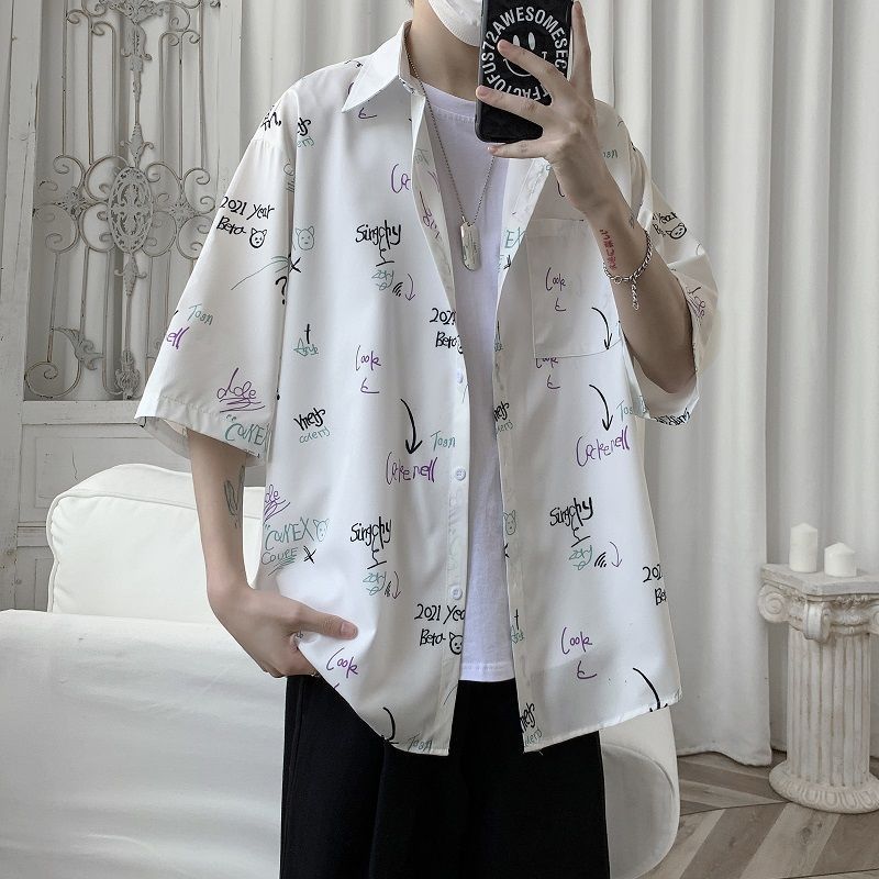 港风冰丝短袖衬衫男夏季日系衣服潮流设计感小众衬衣高级感外套男