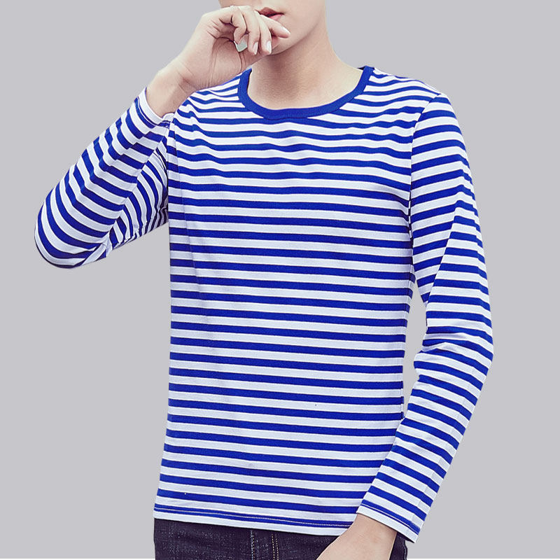 海魂衫男长袖 纯棉_圆领海纹海魂衫男士纯棉蓝白条纹t恤海军服大码