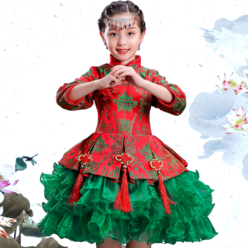 元旦儿童演出服红色女童蓬蓬裙表演服中国风服装合唱服开门红礼服