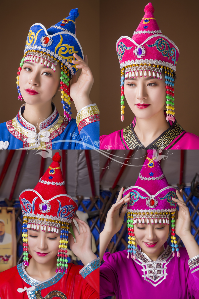 一折头饰女成人 舞台_蒙古族帽子成人女士高顶演出舞蹈头饰 蒙古服