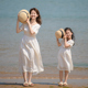 小乐往原创亲子装80课 夏女童海边亲子照度假白色文艺连衣裙母女