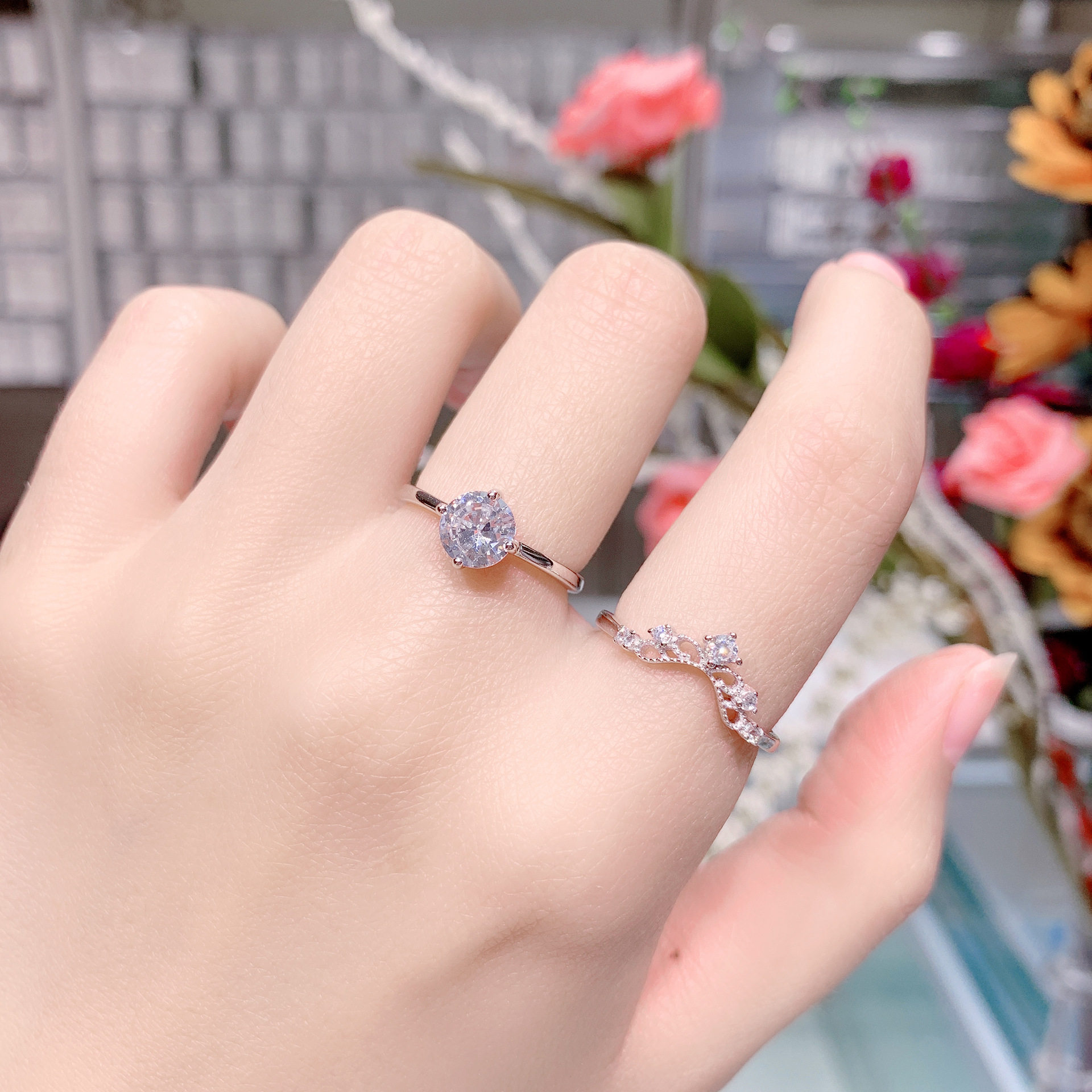 s925纯银镶钻v形皇冠二合一戒指女生欧美锆石组合开口食指环尾戒