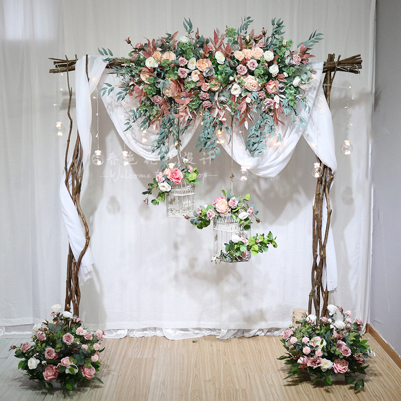 新款秋色白桦木拱门三角花艺婚礼舞台橱窗摄影背景花排装饰布置花