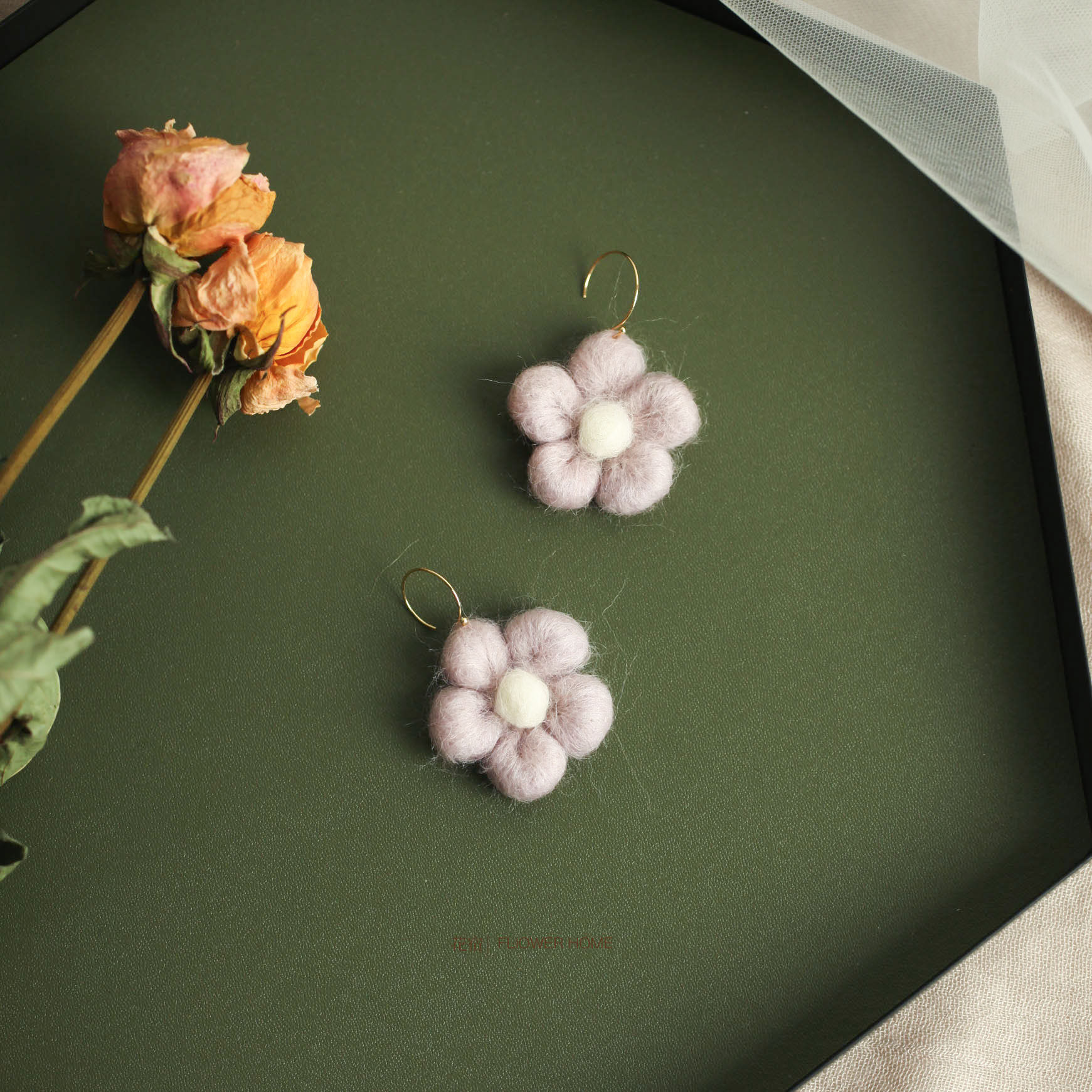 花宿 软绵绵纯手工戳制羊毛毡大花朵耳环女个性少女可爱甜美秋冬