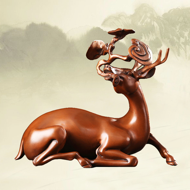 纯紫铜卧鹿含灵芝平安长寿摆件家居客厅办公室装饰品摆件礼品