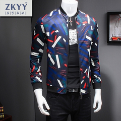 ZKYY 2016秋季新款韩版男士休闲不规则印花立领夹克修身潮款外套