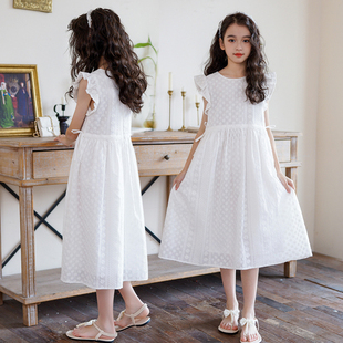 女童裙子2024夏装新款洋气韩版女孩飞袖白色公主裙儿童收腰连衣裙
