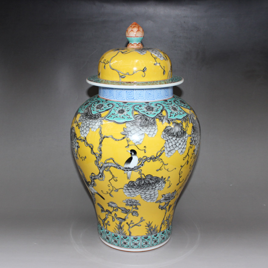 景德镇仿古瓷永庆长春釉上彩黄地花鸟将军罐省大师唐德贵工作室