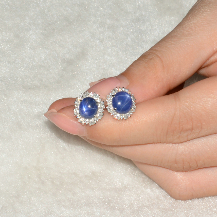 主石4.60ct天然星光蓝宝石耳钉 伴镶钻石 7915