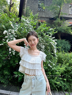 DIGM韩系甜美减龄方领荷叶边小飞袖短款小衫气质夏季小飞袖上衣女