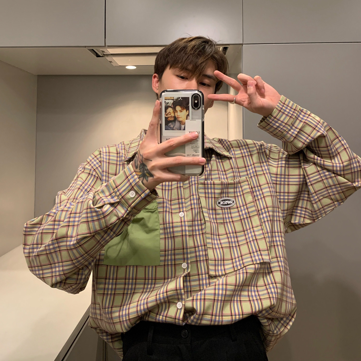 布局/韩版春季长袖格子衬衫男士小清新宽松撞色ins潮流衬衫外套优惠券