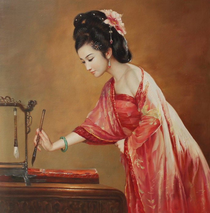 韩清华《执笔女子》布面油画76x76