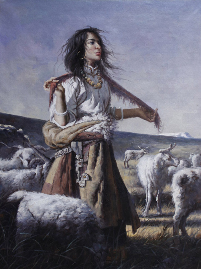 石瑶歌《牧羊人》布面油画76x102