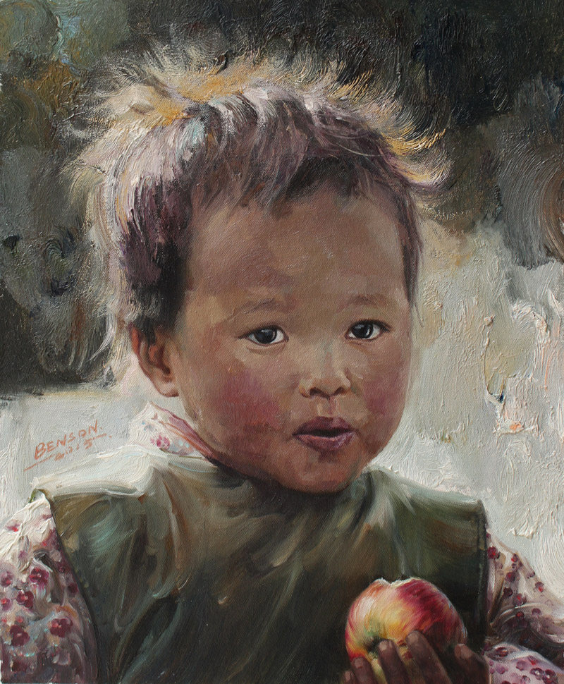 林本生《吃苹果的男孩》布面油画