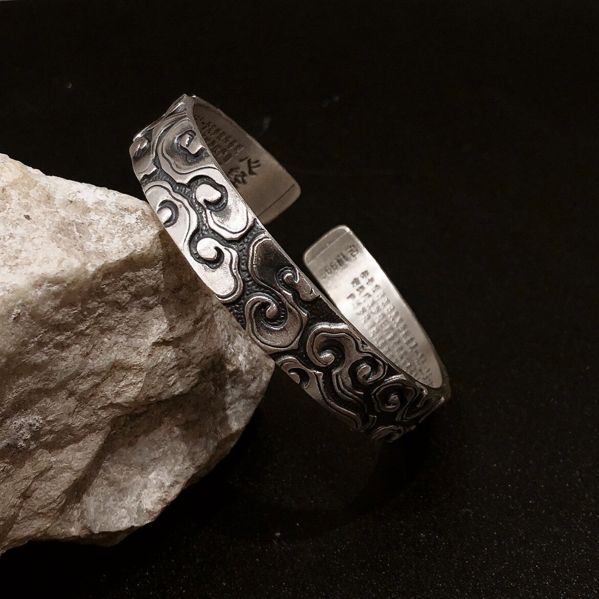 新款足银999 复古篆刻浮雕祥云 般若波罗蜜心经 时尚男款纯银手镯