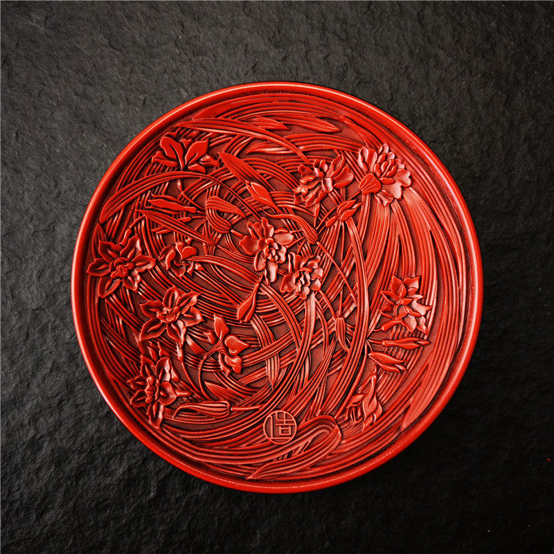 大漆漆雕剔红漆器 水仙花纹 云龙纹 茶杯垫 茶壶垫 摆件小盘子
