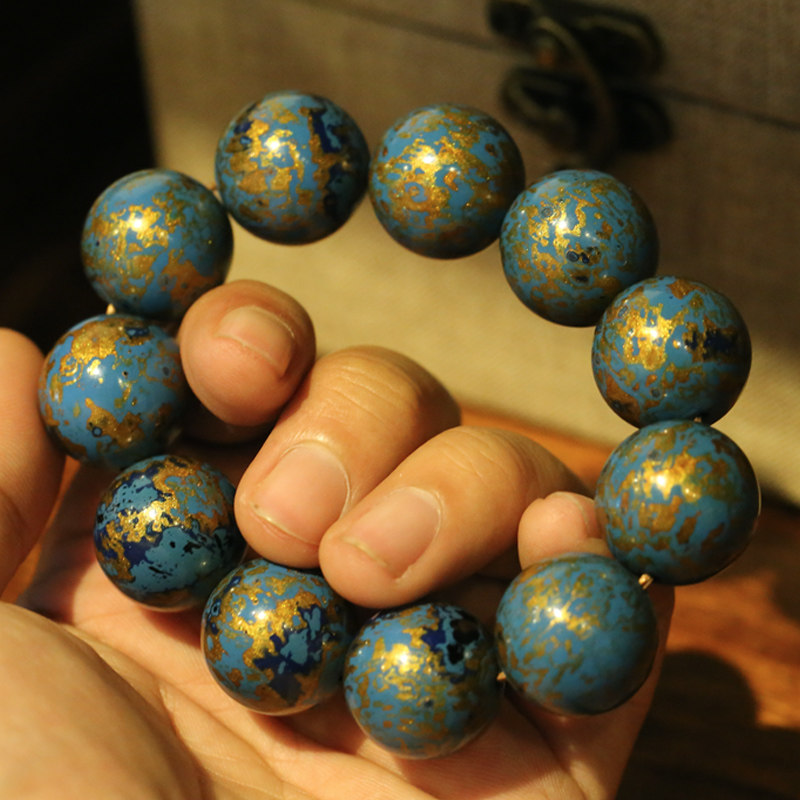 纯手工打磨 蓝金大漆手串