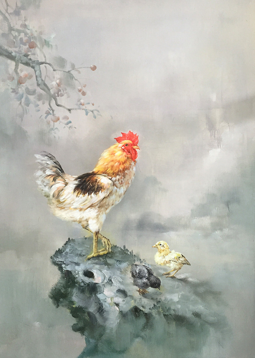 张明辉《金鸡报晓》70x100cm