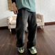 复古黑灰色直筒日系牛仔裤宽松微阔腿秋冬季男休闲水洗青年牛仔裤