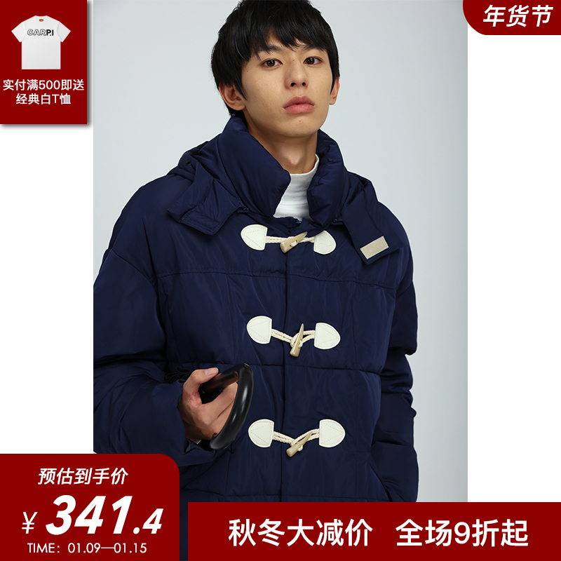 carpi秋冬日系中长款棉衣多口袋加厚牛角扣男女连帽棉服保暖外套