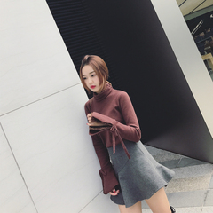 Galin 2017春装新款女上衣韩版高领蕾丝打底衫修身喇叭袖针织衫