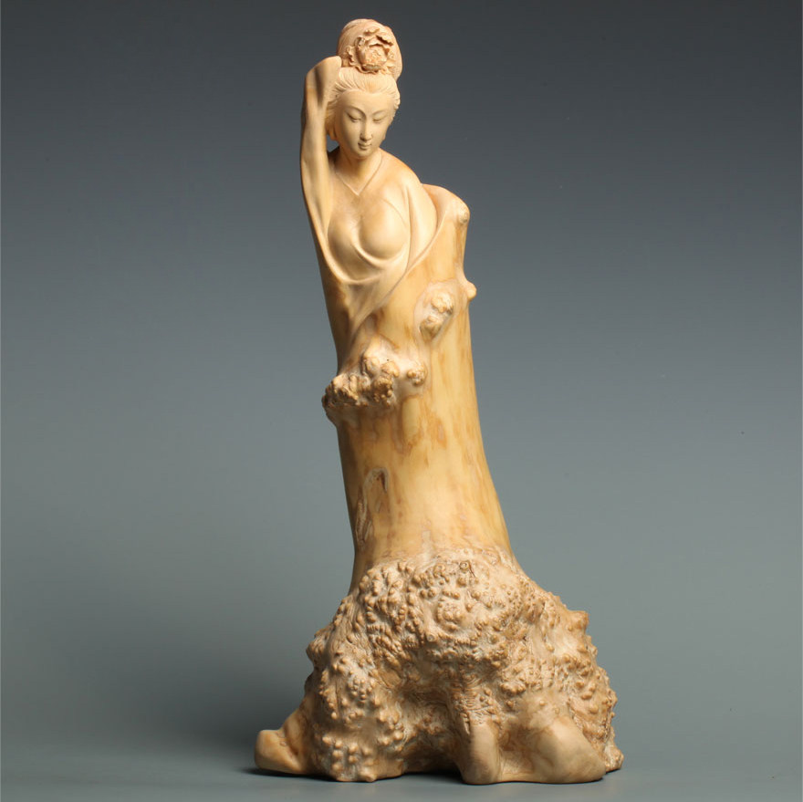 【国色天香】精雕黄杨木人物摆件仕女图 雕工细腻 美观自然