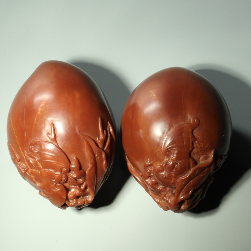 陈步池橄榄核雕【福寿延绵】榄核双粒手把件 雕工精湛 手感好