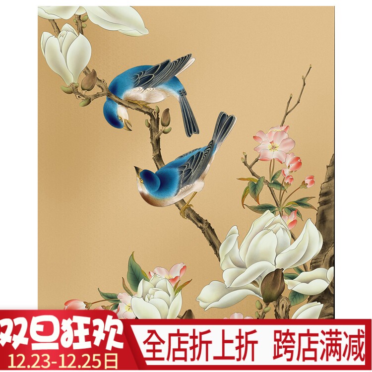 新款印花正品dmc十字绣客厅卧室玄关竖版中式挂画蓝雀玉兰花鸟