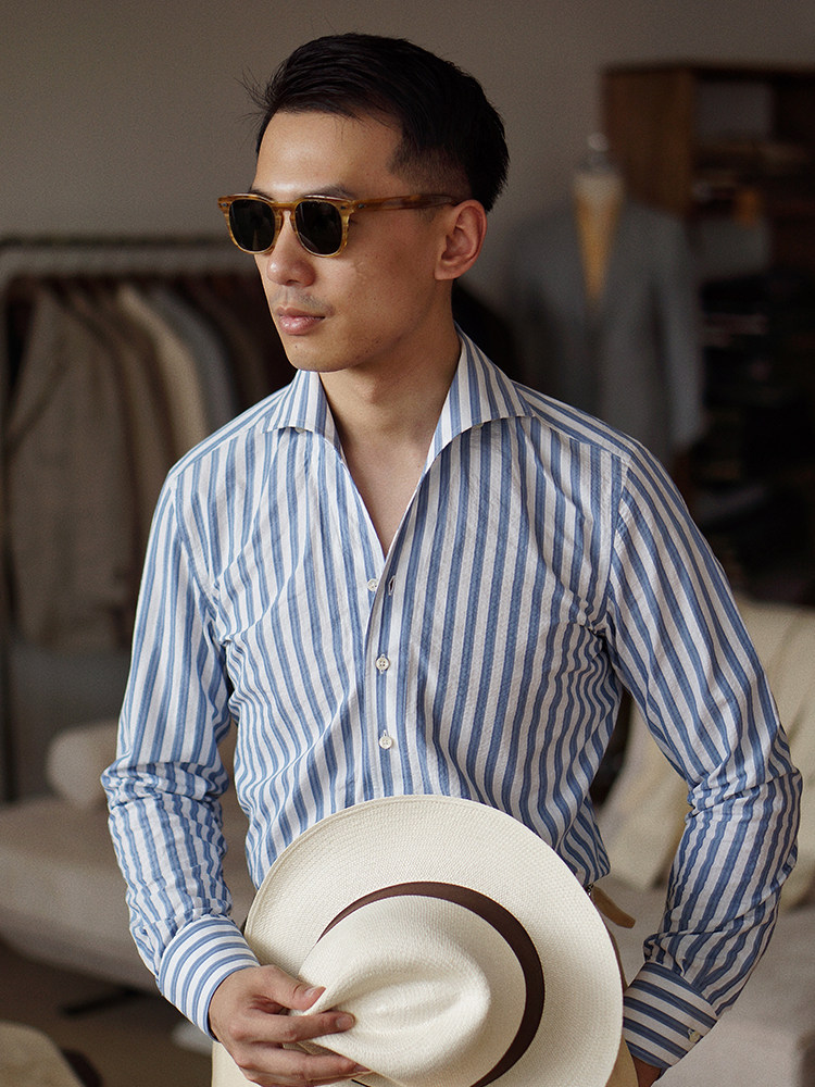 cm 蓝色宽条纹泡泡纱一片领纯棉意休闲经典男士长袖衬衫