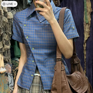 美式复古夏季辣妹短袖格子衬衫女小众设计感衬衣修身显瘦蓝色上衣