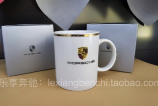 保时捷porsche盾牌系列陶瓷马克杯水杯 250ml毫升 白色金边带礼盒