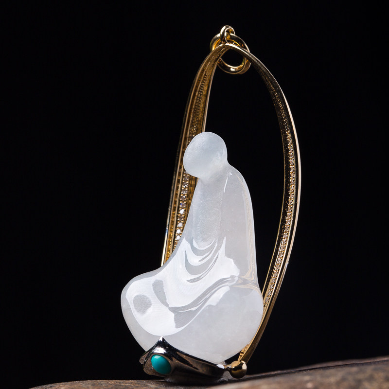 【源头好货】翡翠倾城 《悟道》18k金伴钻冰糯天然a货吊坠 14.56g