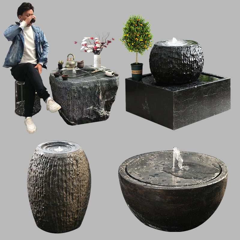 石雕水钵流水池花盆缸景观日式黑山石钵现代禅意庭院喷泉造景摆件