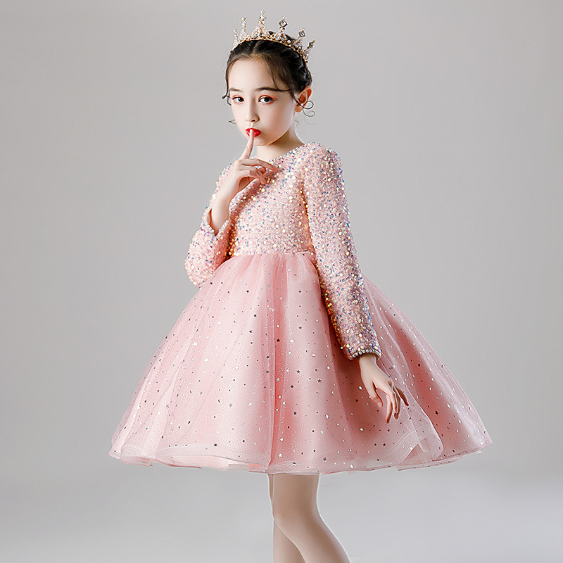儿童元旦亮片粉色公主裙洋气演出服女童钢琴晚礼服高贵婚纱裙加绒