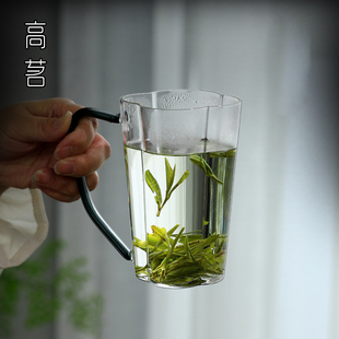 喝茶专用绿茶杯高级泡茶水杯女士花茶玻璃杯带把手家用耐高温杯子