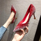 水晶婚鞋高跟鞋女2024年新款秋季百搭网红法式细跟红色尖头单鞋子