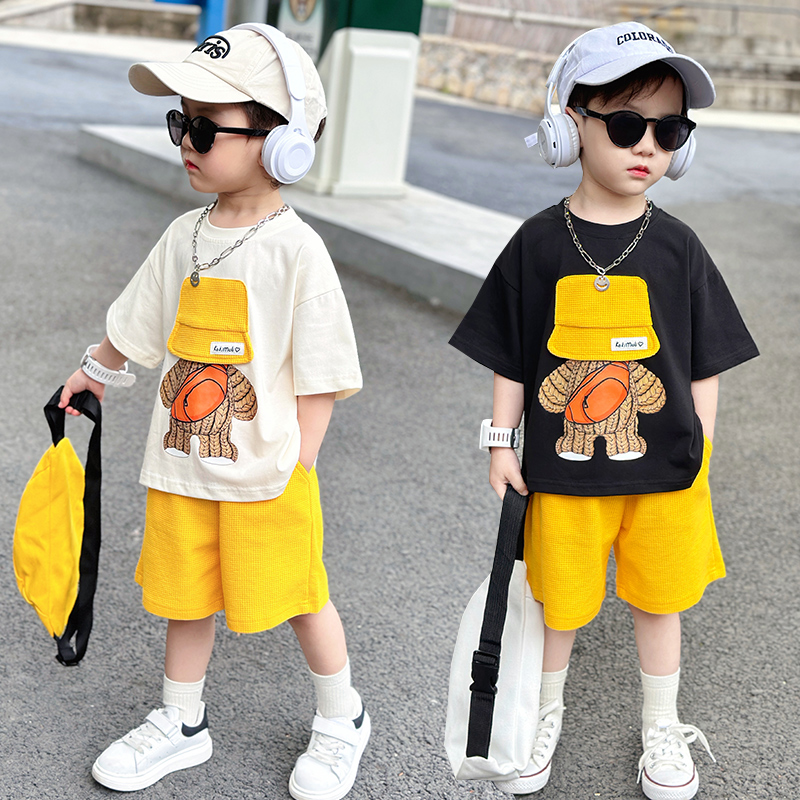 童装男童时尚帽子熊短袖套装2024新款夏季中小儿童洋气潮衣服两件