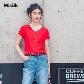 Mixblu2019夏季新款女式时尚休闲纯色V领短袖T恤